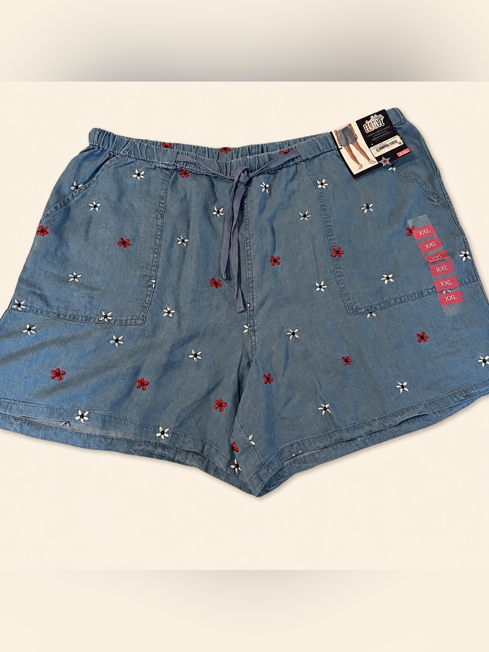 Embroidered Chambray Drawstring Women’s Shorts - Blue